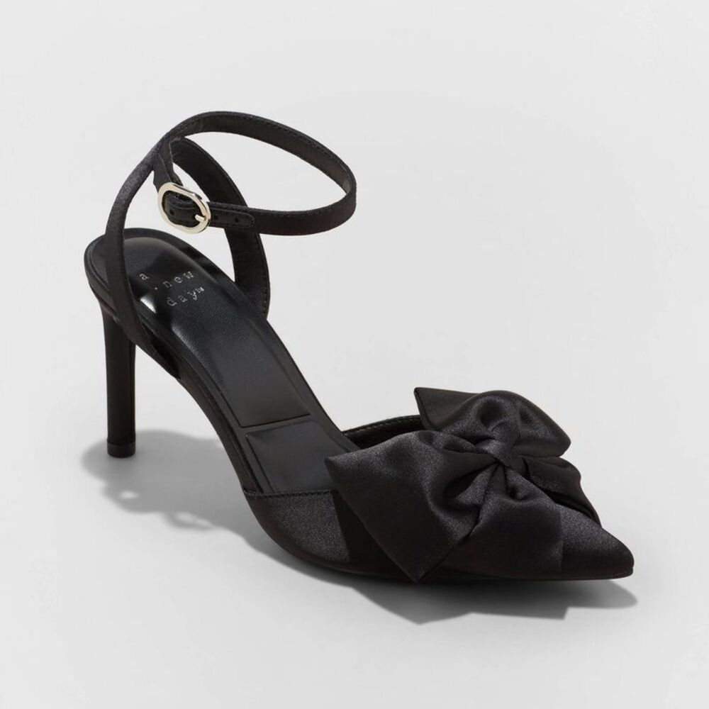 A New Day Women's 3.5" Kitten High Heel Pumps Ankle Strap Bow Tie, Black, 8